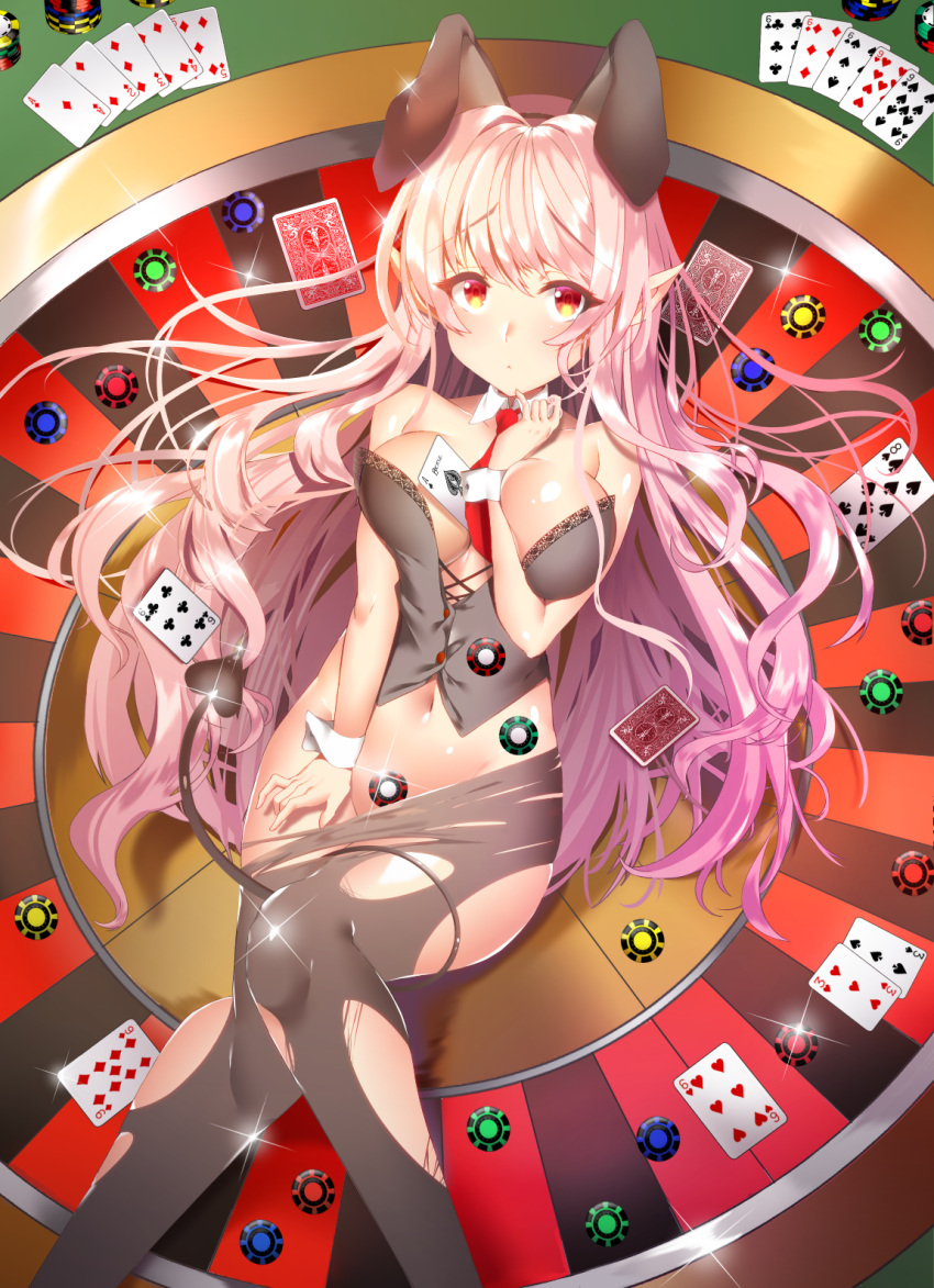 1girl, animal_ears, black_legwear, breasts, bunny_girl, bunnysuit, card_(medium), choker