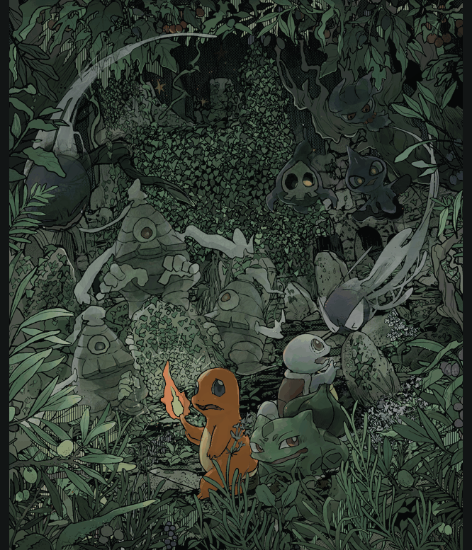 awai_(pixiv29777040), bulbasaur, charmander, creatures_(company), dusclops, duskull, forest, game_freak, gastly, gen_1_pokemon, gen_2_pokemon, gen_3_pokemon, misdreavus, nature, night, nintendo, no_humans, outdoors, pokemon, pokemon_(creature), squirtle