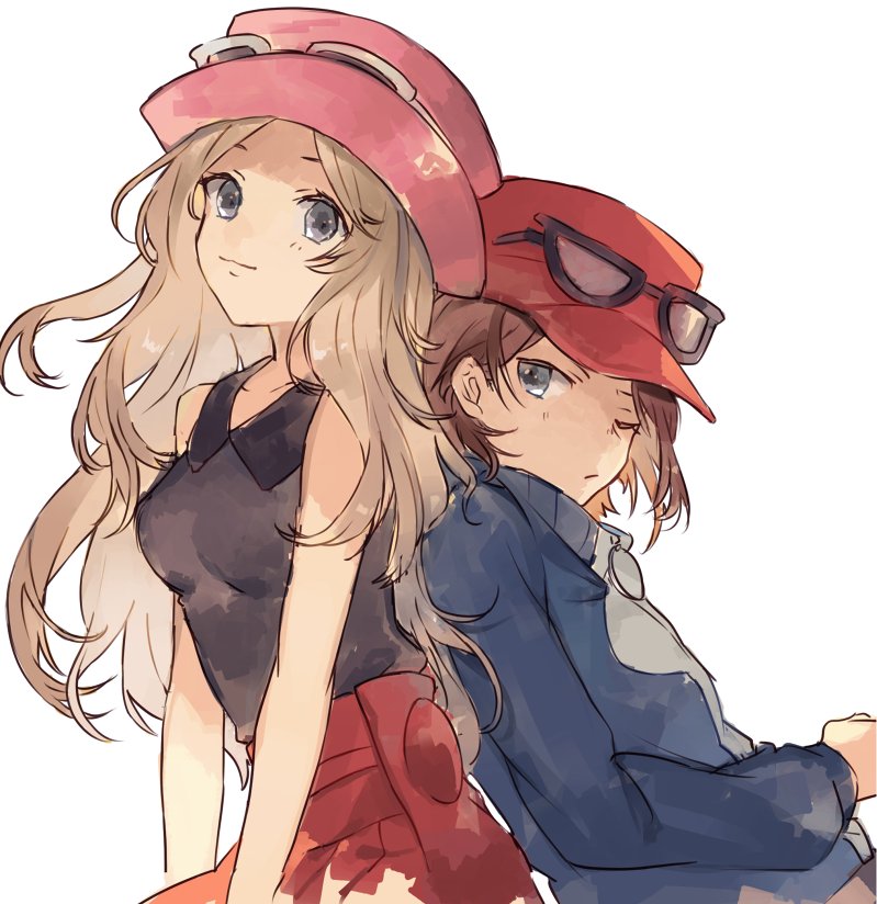 1boy, 1girl, black-framed_eyewear, black_shirt, blue_jacket, breasts, brown_hair, calme_(pokemon)
