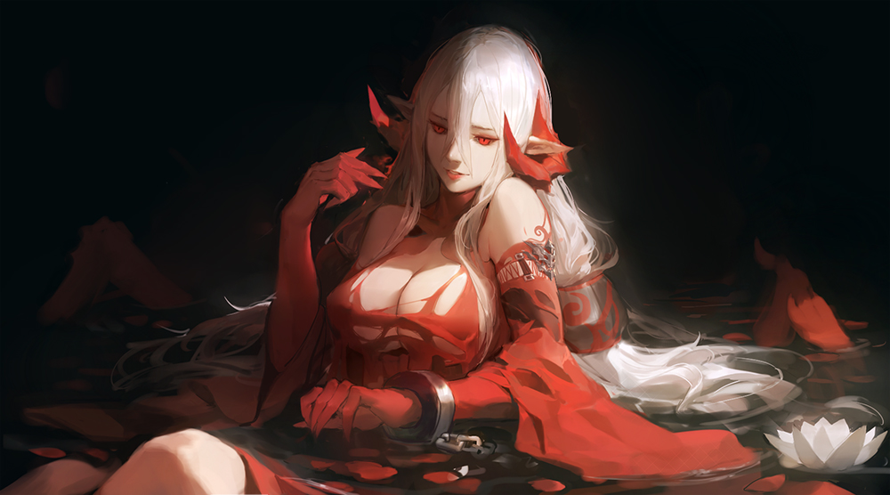 1girl, bare_shoulders, breasts, chains, cleavage, cuffs, demon_girl, demon_horns