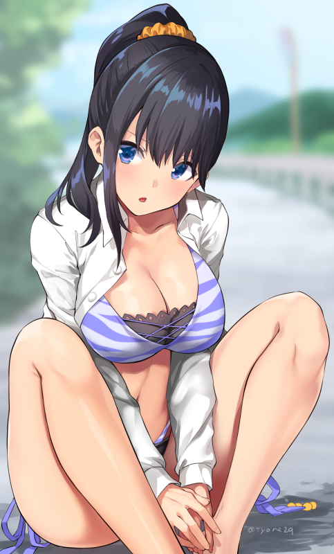1girl, :o, alternate_hairstyle, bikini, black_hair, blue_eyes, blush, breasts