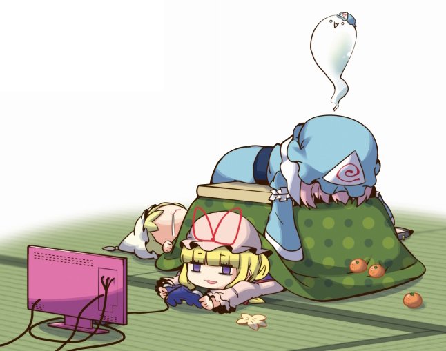 3girls, :3, blonde_hair, blue_hat, blue_kimono, chibi, commentary_request, controller
