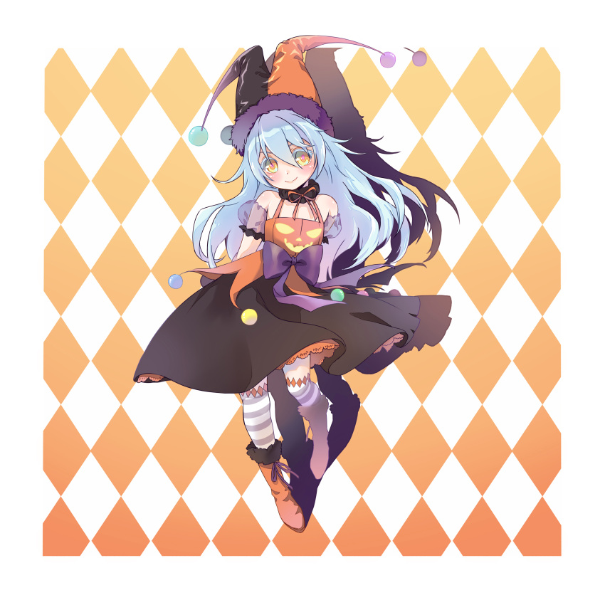 1other, absurdres, androgynous, argyle, argyle_background, bare_shoulders, blue_hair, blush, boots, colored_eyelashes, commentary_request, full_body, fur_trim, halloween, halterneck, hat, highres, jester_cap, kkkkuma, layered_skirt, long_hair, looking_at_viewer, ribbon, rimuru_tempest, shadow, striped, striped_legwear, tensei_shitara_slime_datta_ken, thigh-highs, yellow_eyes