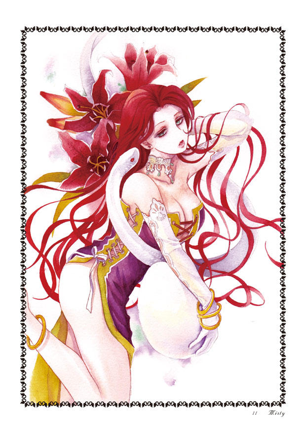 breasts, cleavage, dress, egg, gloves, long_hair, looking_at_viewer, maronee_san, misty_(saga_frontier), saga, saga_frontier_2, snake