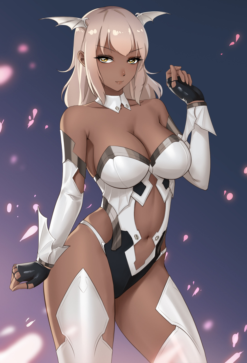 1girl, bangs, bare_shoulders, black_gloves, breasts, cleavage, collarbone, contrapposto, cowboy_shot, dark_skin, detached_collar, detached_sleeves, fingerless_gloves, gloves, head_wings, highres, large_breasts, leotard, light_smile, looking_at_viewer, medium_hair, navel, navel_cutout, obaoba_(monkeyix), original, solo, strapless, strapless_leotard, thigh-highs, white_hair, yellow_eyes