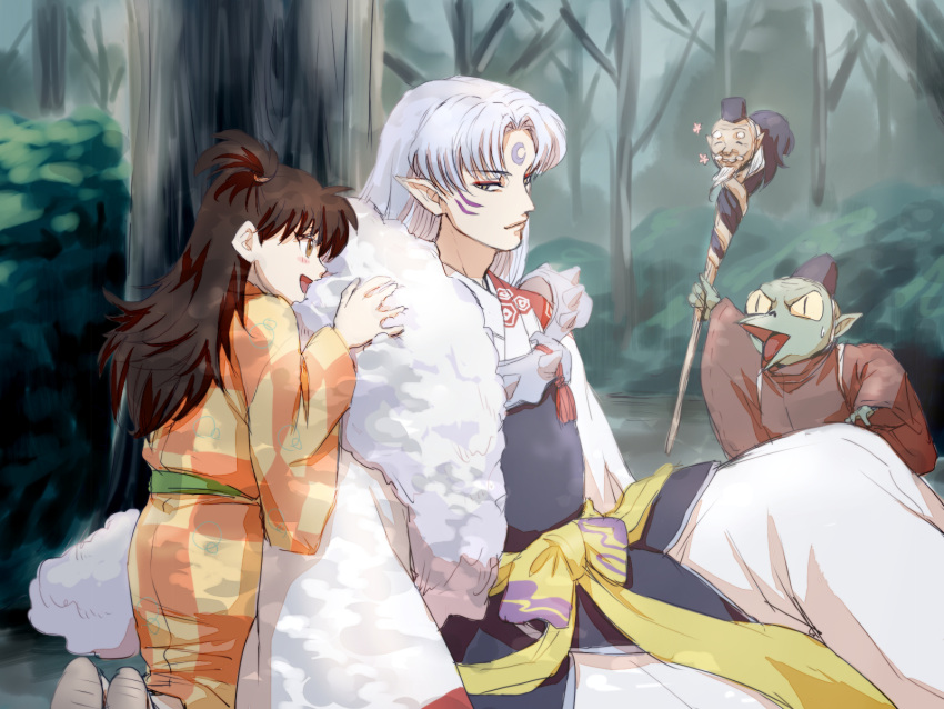 1boy, 1girl, armor, bangs, black_hair, brown_eyes, child, facial_mark, forehead_mark, fur, highres, inuyasha, japanese_armor, japanese_clothes, kimono, long_hair, one_side_up, open_mouth, pointy_ears, rin_(inuyasha), sesshoumaru, silver_hair, sitting, smile, suji, tree, white_hair, yellow_eyes