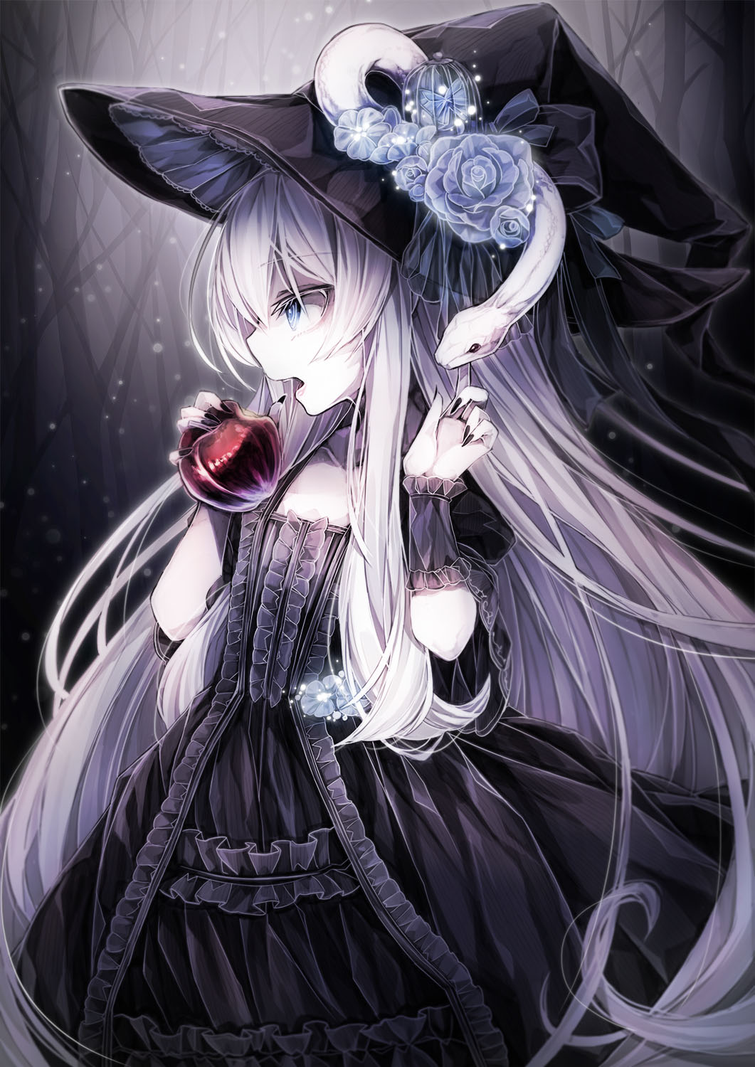 1girl, animal, animal_on_head, apple, black_dress, black_hat, black_nails, blue_eyes, blue_flower, blue_rose, bug, butterfly, detached_sleeves, dress, eyebrows_visible_through_hair, flower, food, forest, frilled_dress, frills, from_side, fruit, hat, highres, insect, long_hair, nail_polish, nature, on_head, open_mouth, original, pubic_hair, rose, shiro_yurine, short_sleeves, snake, solo, very_long_hair, white_hair, white_skin, witch_hat