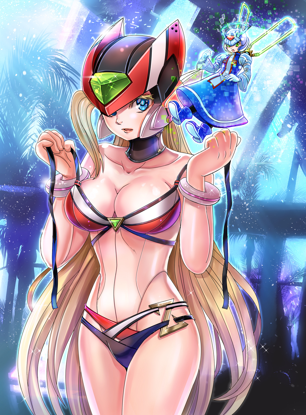 1girl, android, bikini, blonde_hair, blue_eyes, bracelet, breasts, cleavage