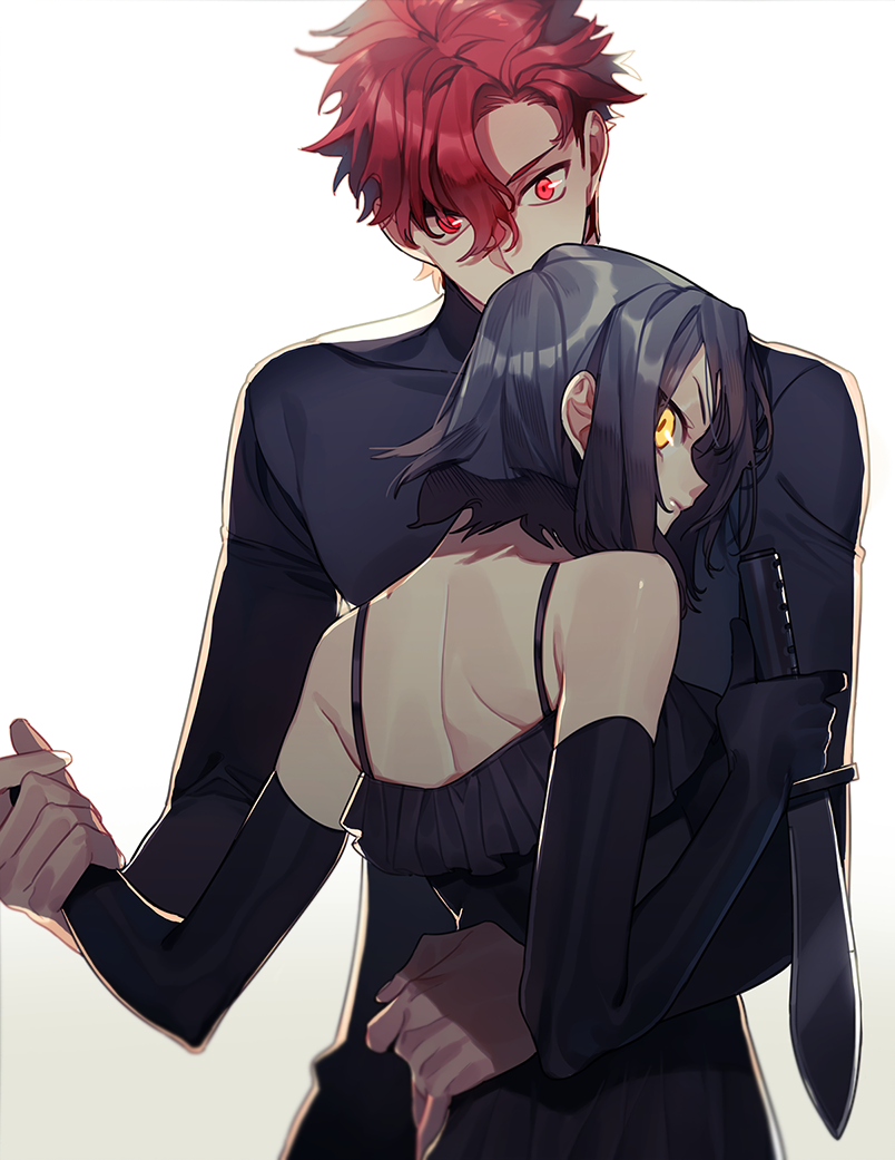 1boy, 1girl, arm_around_waist, baccano!, bare_shoulders, black_gloves, black_hair, chane_laforet
