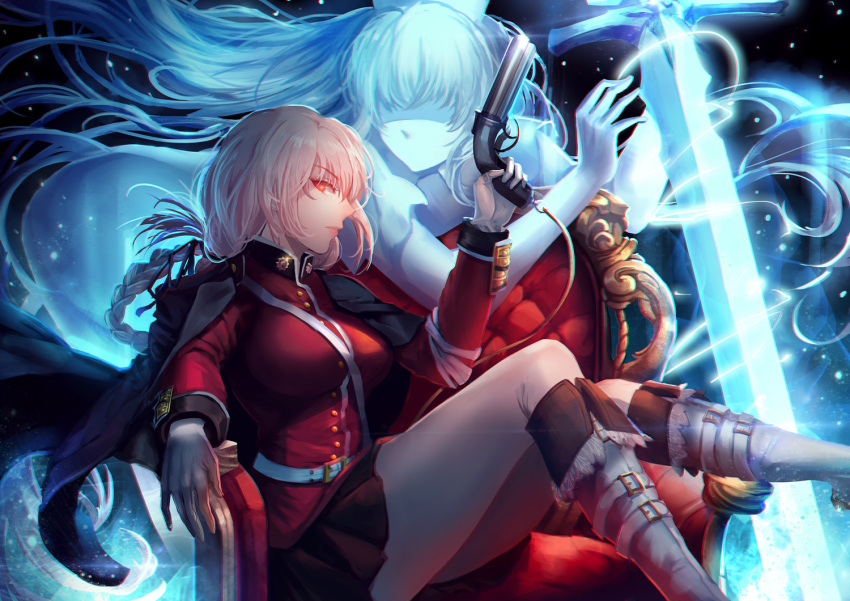 1girl, akira_aishi, arm_up, belt, between_breasts, black_jacket, black_ribbon, black_skirt