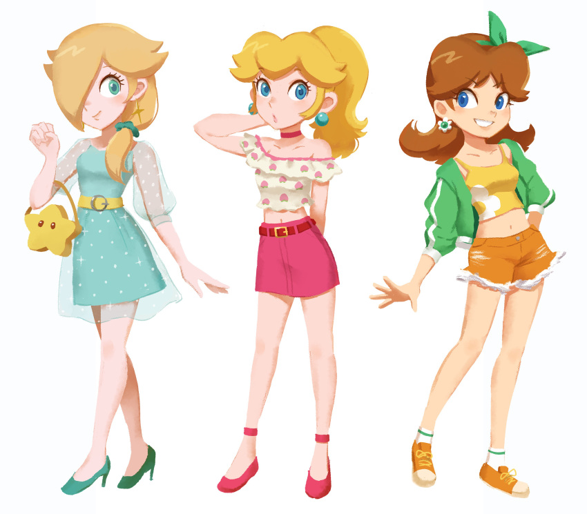 3girls, absurdres, aqua_footwear, arm_behind_back, bag, belt, belt_buckle, blonde_hair