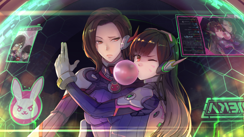 2girls, bodysuit, breasts, brown_eyes, brown_hair, bubble, chewing_gum, confused