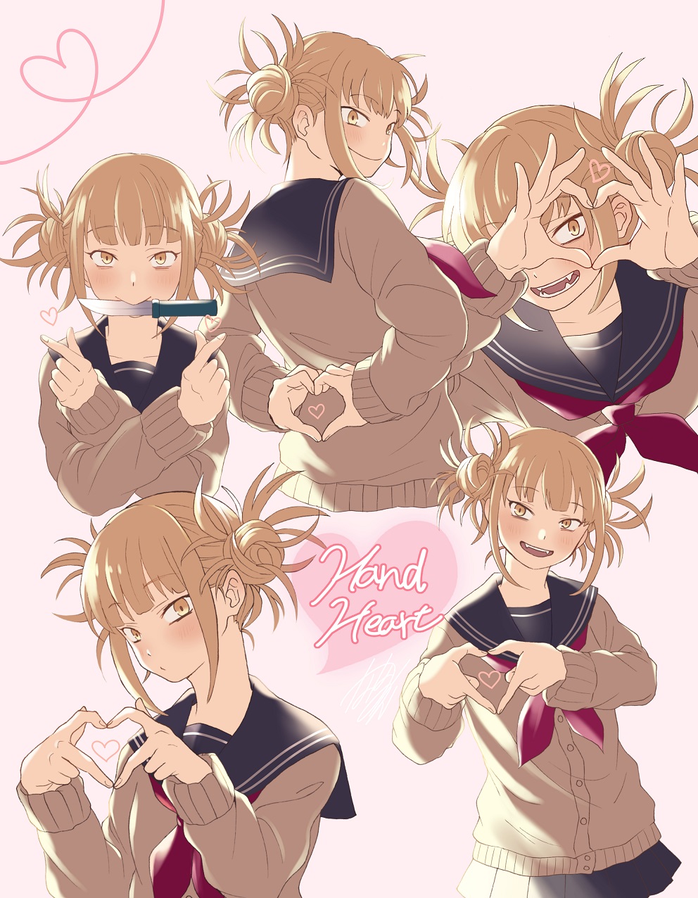 1girl, :>, :d, back, blonde_hair, blush, boku_no_hero_academia, cardigan