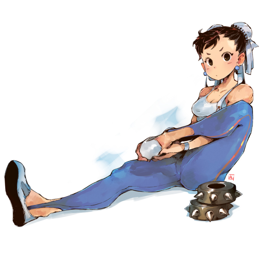 1girl, andrea_cofrancesco, black_hair, blue_earrings, bracelet, bracelet_removed, breasts, brown_eyes, bun_cover, capcom, chun-li, cleavage, double_bun, earrings, flats, flexible, full_body, hair_ribbon, highres, jewelry, long_legs, looking_at_viewer, medium_breasts, pants, ribbon, shoes, short_hair, sitting, skin_tight, sneakers, solo, spiked_bracelet, spikes, street_fighter, street_fighter_zero_(series), tank_top, white_background, yoga_pants