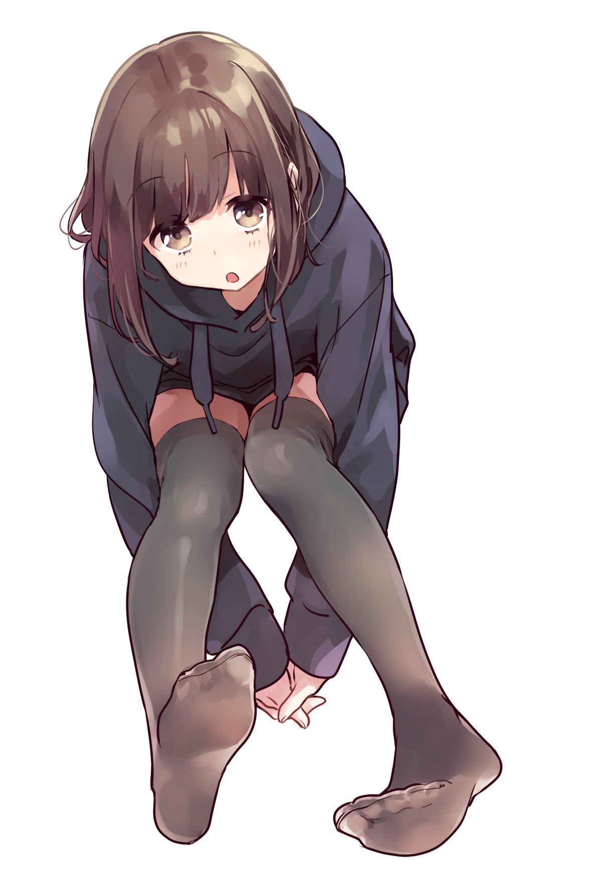 1girl, :o, bangs, between_legs, black_jacket, black_legwear, blush, brown_eyes