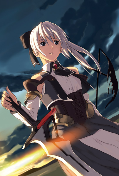 bare_shoulders, cloud, clouds, corset, dress, dusk, ganzyu_i, hair_ribbon