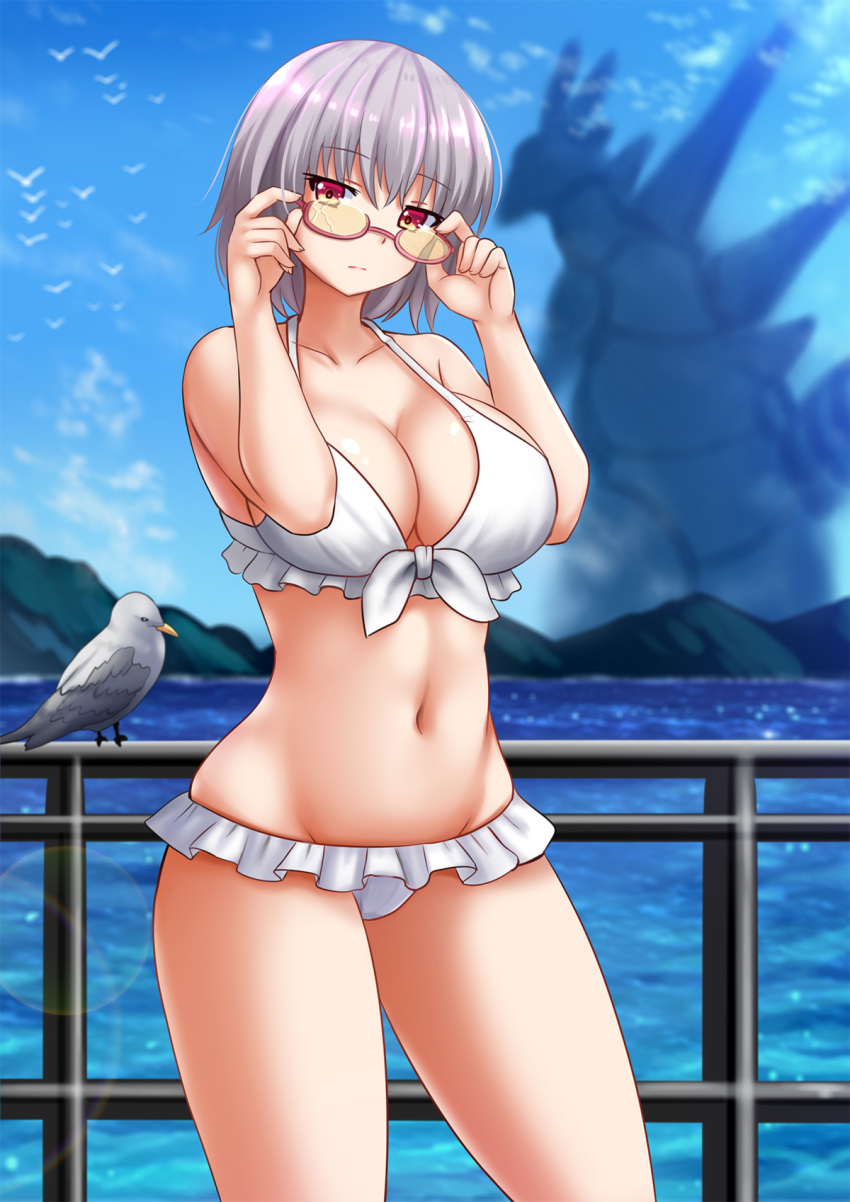 1girl, adjusting_eyewear, animal, bangs, bare_arms, bare_shoulders, bikini, bird, blue_sky, blurry, blurry_background, breasts, cleavage, closed_mouth, clouds, collarbone, commentary, crack, cracked_lens, day, depth_of_field, eyebrows_visible_through_hair, fingernails, frilled_bikini, frills, front-tie_bikini, front-tie_top, glasses, grey_hair, groin, hair_between_eyes, hands_up, head_tilt, highres, kazenokaze, lake, large_breasts, mountain, navel, outdoors, pink-framed_eyewear, railing, red_eyes, semi-rimless_eyewear, shinjou_akane, sky, ssss.gridman, standing, swimsuit, under-rim_eyewear, water, white_bikini