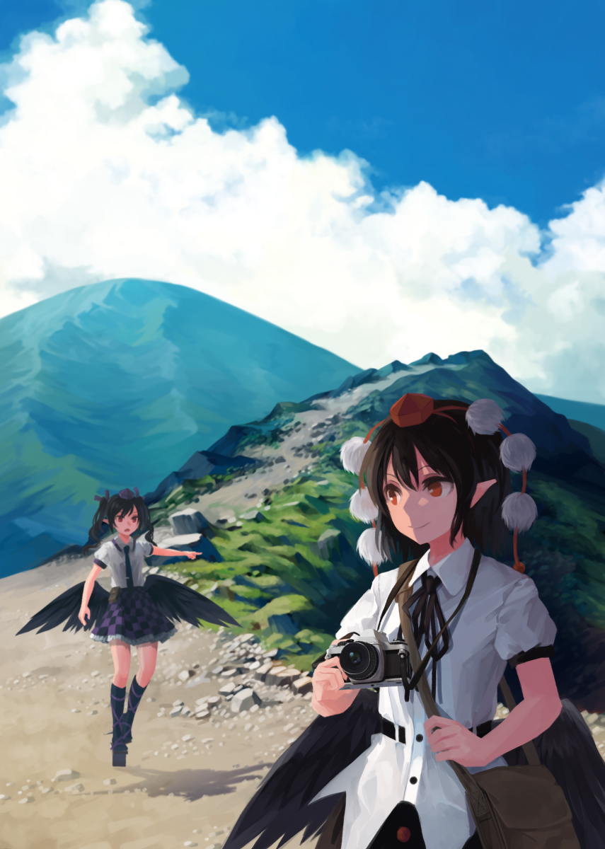 2girls, akaiha_(akaihasugk), arm_up, bag, belt, bird_wings, black_hair, black_legwear