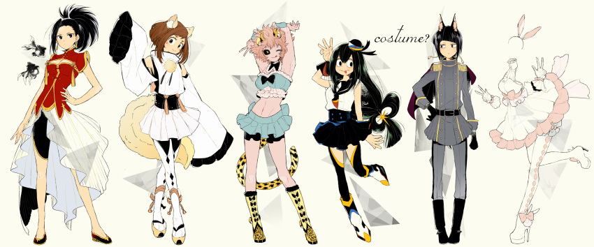 6+girls, :p, animal_ears, arms_behind_head, ashido_mina, asui_tsuyu, black_eyes, black_hair