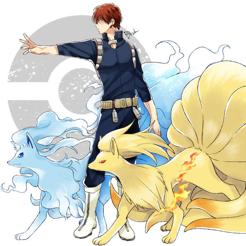 1boy, alolan_ninetales, blue_bodysuit, bodysuit, boku_no_hero_academia, boots, creatures_(company), dandel