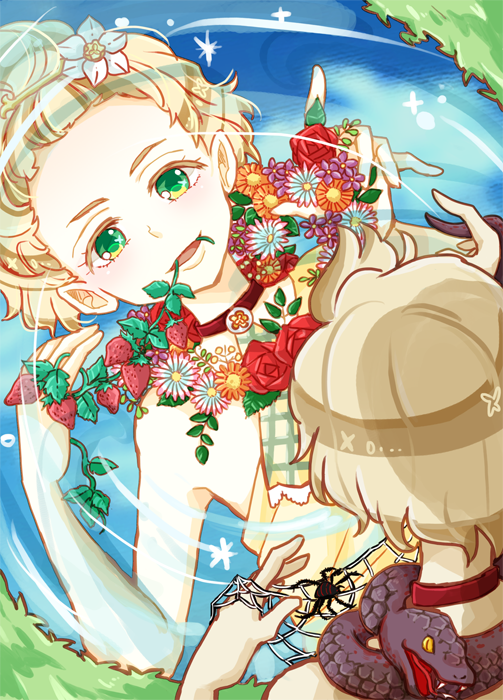 1boy, androgynous, bug, collar, commentary_request, cronucia, different_reflection, flower