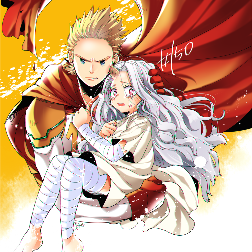 1boy, 1girl, angry, bandage, bandaged_arm, bandaged_leg, bandages, barefoot