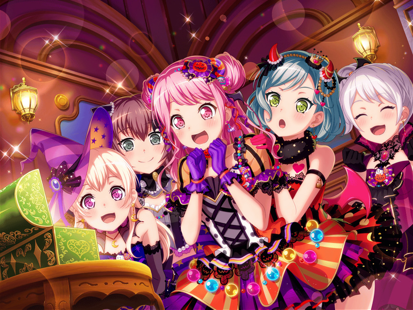 5girls, alternate_hairstyle, bang_dream!, blush, dress, gloves, group, halloween