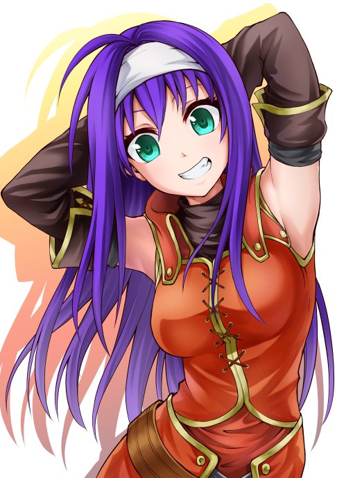 1girl, arms_behind_head, black_gloves, blue_hair, breasts, fire_emblem, fire_emblem:_akatsuki_no_megami, gloves, green_eyes, grin, long_hair, medium_breasts, nintendo, simple_background, sleeveless, smile, solo, tenchan_man, upper_body, wayu_(fire_emblem), white_background, white_headband