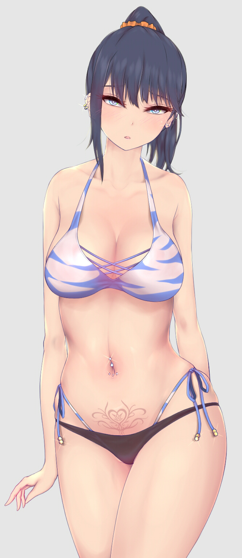 1girl, bare_shoulders, bikini, black_bikini, black_hair, breasts, collarbone, commentary_request