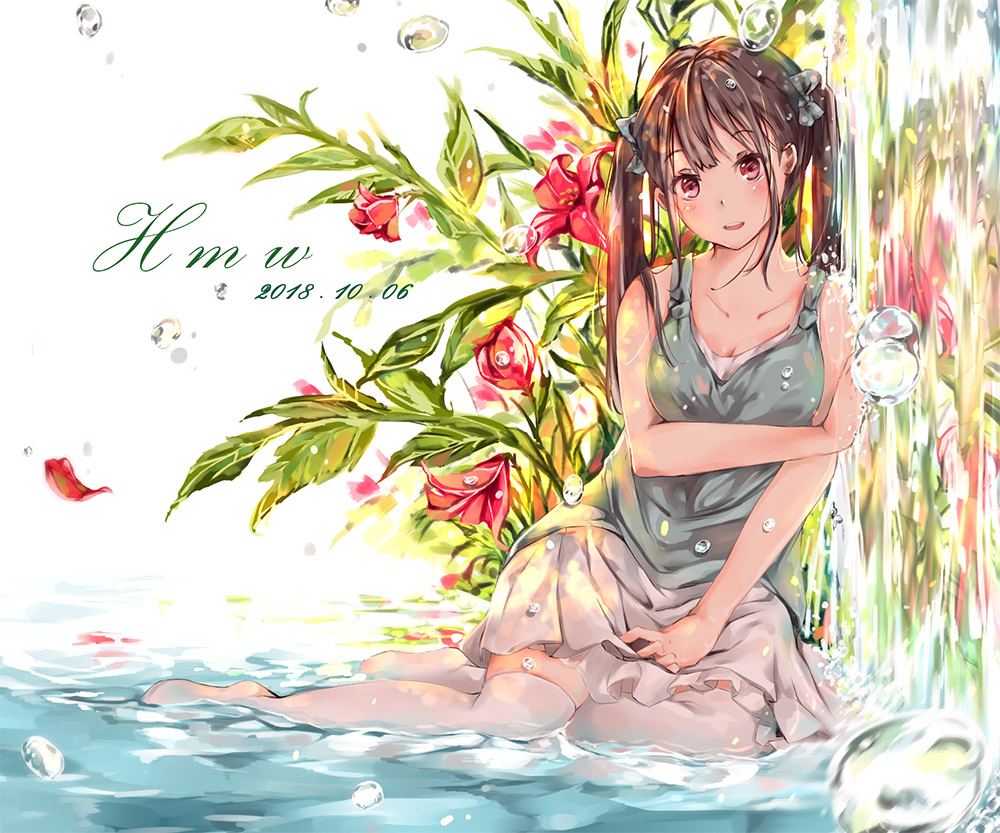 1girl, artist_name, bare_arms, bare_shoulders, blush, bow, breasts, brown_hair