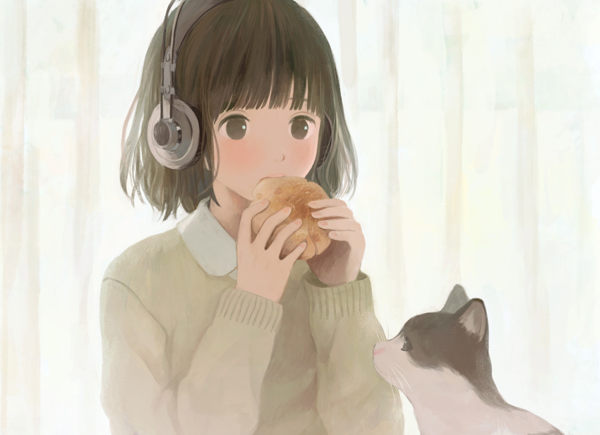 1girl, akg, animal, bangs, black_eyes, blunt_bangs, bob_cut, bread