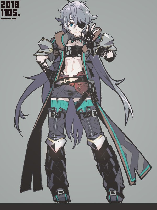 1girl, armor, curly_hair, eyepatch, fingerless_gloves, fujimoto_hideaki, genderswap, genderswap_(mtf)
