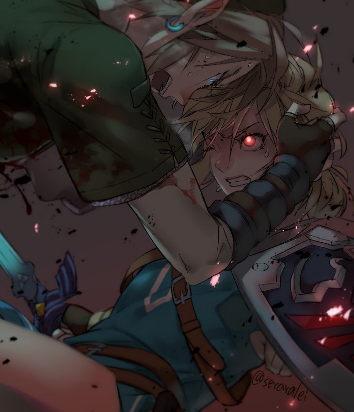 2boys, armor, blue_eyes, dual_persona, gloves, jewelry, left-handed, link
