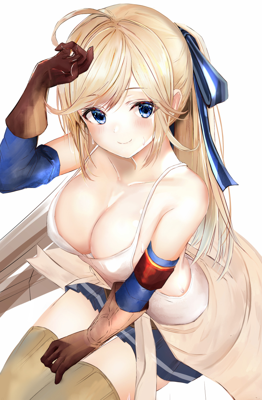 1girl, absurdres, ahoge, arm_up, bangs, bare_shoulders, blonde_hair, blue_bow, blue_eyes, blue_skirt, blue_sleeves, blush, bow, breasts, brown_gloves, brown_legwear, camisole, cleavage, closed_mouth, clothes_around_waist, collarbone, commentary_request, cucouroux_(granblue_fantasy), detached_sleeves, eyebrows_visible_through_hair, from_above, gloves, granblue_fantasy, hair_between_eyes, hair_bow, head_tilt, highres, large_breasts, leaning_forward, long_hair, long_sleeves, looking_at_viewer, looking_up, pleated_skirt, ria_(riarea00), sitting, skirt, smile, solo, striped, striped_bow, thigh-highs, very_long_hair, white_camisole
