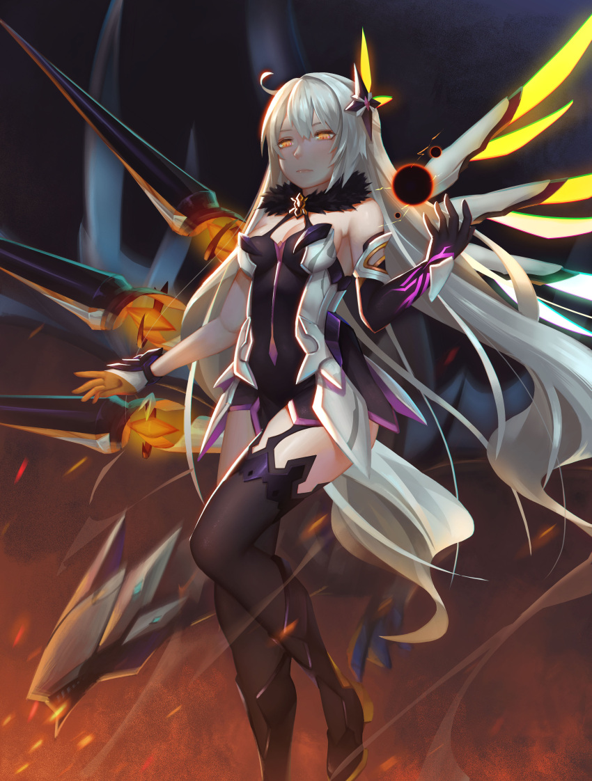 1girl, absurdres, ahoge, armor, armored_dress, bangs, bare_shoulders, black_legwear