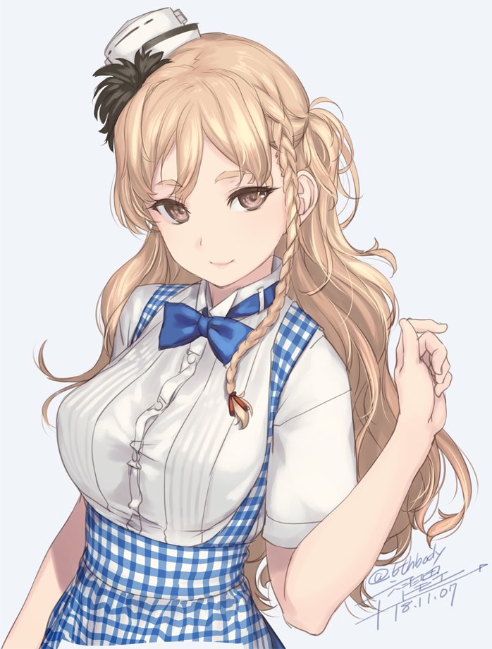 1girl, alternate_costume, alternate_hairstyle, bangs, blonde_hair, blouse, blue_neckwear, blue_ribbon