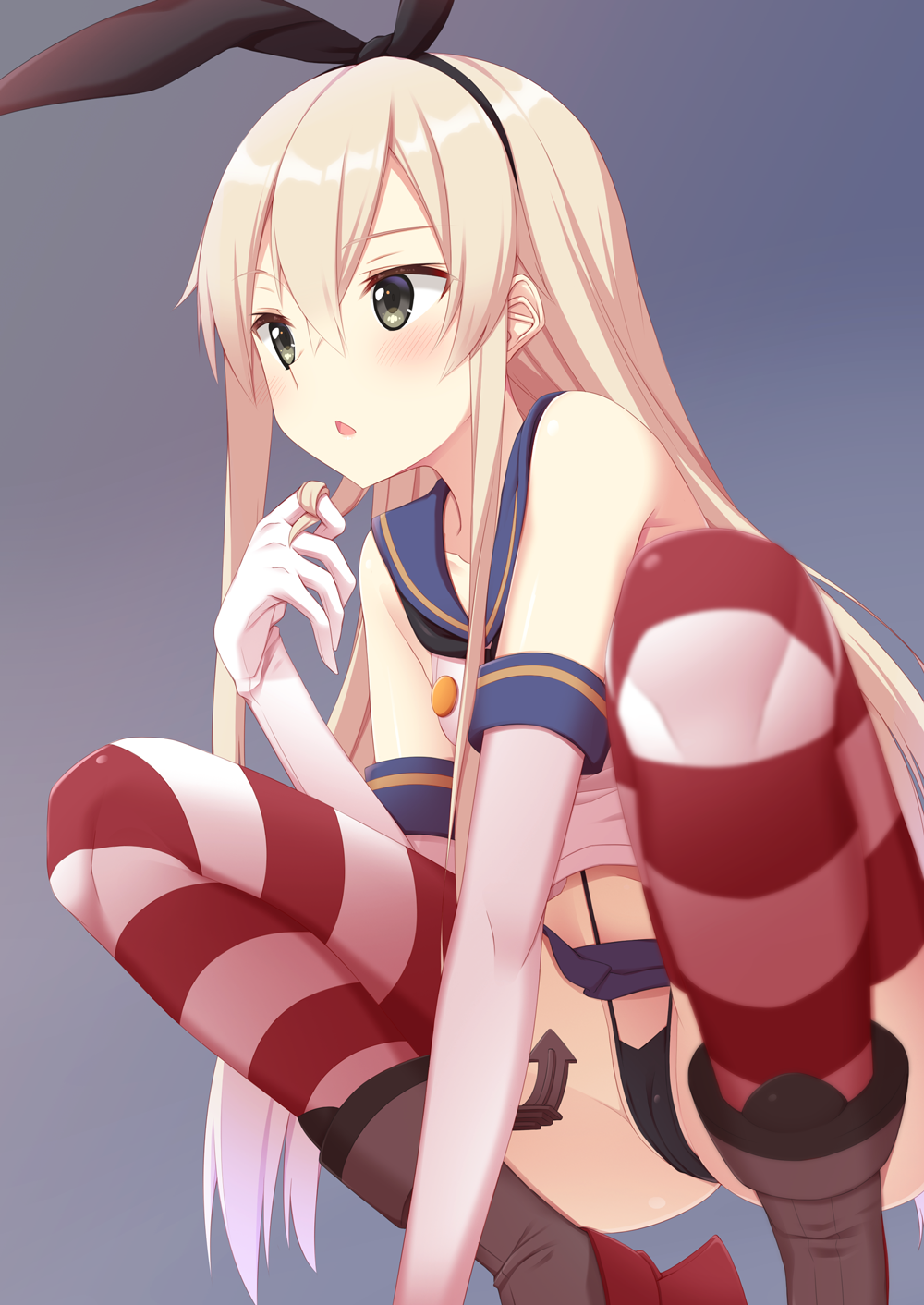 1girl, anchor_hair_ornament, black_hairband, black_neckwear, black_panties, blonde_hair, blue_sailor_collar, blue_skirt