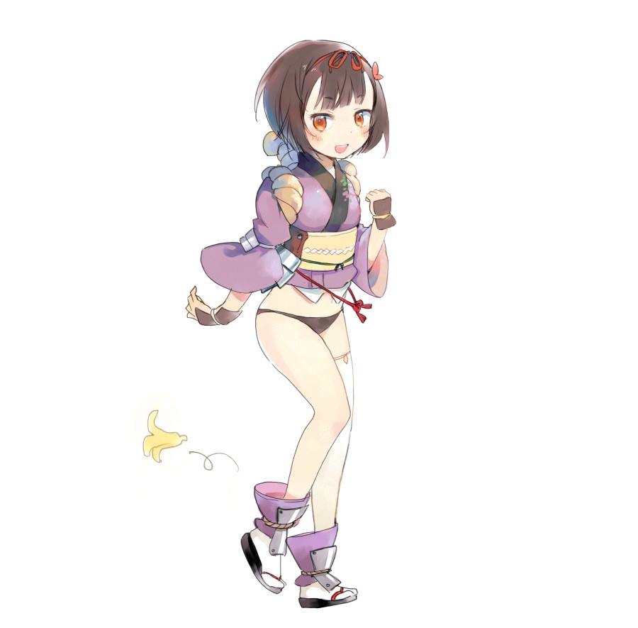 1girl, :d, banana_peel, blush, breasts, brown_hair, clenched_hand, flower_knight_girl, full_body, hagi_(flower_knight_girl), hair_ornament, hair_ribbon, ima_(minitomato123), japanese_clothes, open_mouth, red_ribbon, ribbon, sandals, short_hair, single_thighhighs, small_breasts, smile, solo, standing, white_background, white_legwear, wide_sleeves