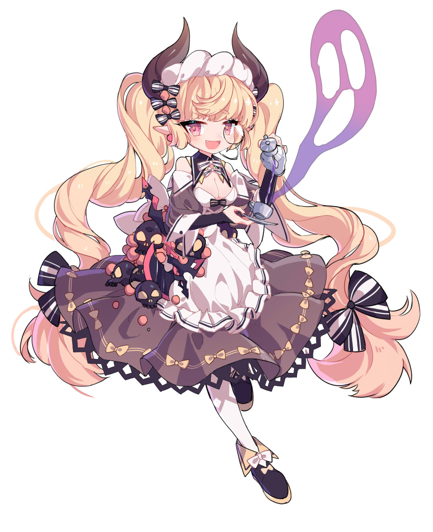 1girl, absurdres, apron, black_bow, black_dress, black_footwear, blonde_hair, bow