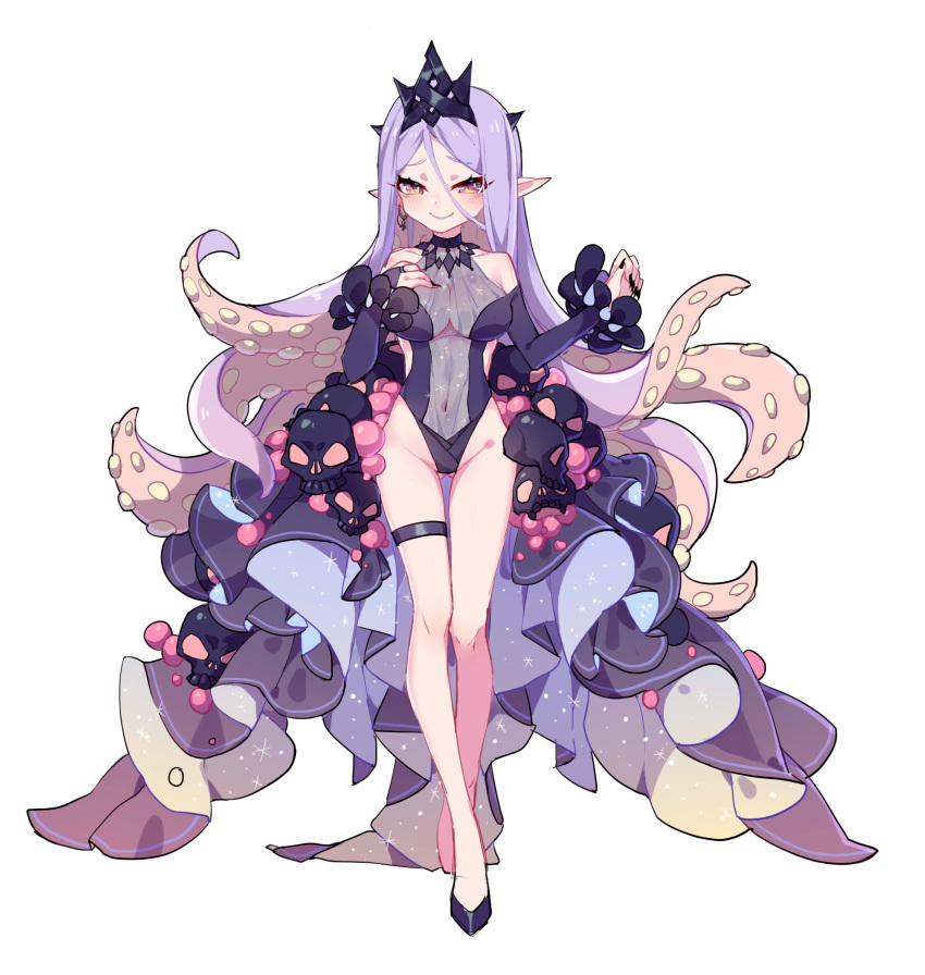 1girl, black_nails, breasts, brown_eyes, covered_navel, crown, detached_sleeves, full_body