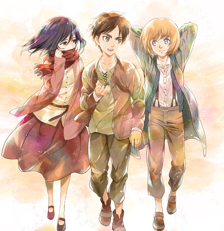 1girl, 2boys, :d, armin_arlert, arms_behind_back, black_hair, blonde_hair, blue_eyes, brown_cardigan, brown_eyes, brown_footwear, brown_pants, dress_shirt, eren_yeager, floating_hair, grey_eyes, looking_to_the_side, mikasa_ackerman, multiple_boys, open_mouth, pants, pink_cardigan, red_scarf, red_skirt, ryousuke_nak, scarf, scarf_over_mouth, shingeki_no_kyojin, shirt, short_hair, skirt, smile, suspenders, white_background, white_shirt