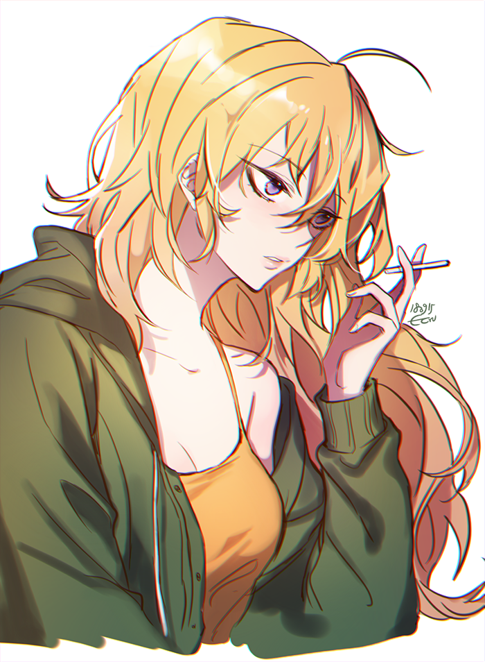 1girl, ahoge, blonde_hair, breasts, cardigan, cleavage, collarbone, cropped_torso