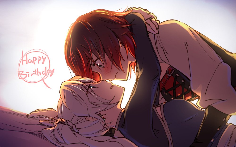 2girls, blue_eyes, blush, breasts, earrings, eye_contact, from_side, happy_birthday, hug, jewelry, long_sleeves, looking_at_another, lying, multiple_girls, on_back, redhead, ruby_rose, rwby, short_hair, shrug, side_ponytail, silver_hair, small_breasts, speech_bubble, tsuta_no_ha, upper_body, weiss_schnee, white_sleeves, yuri