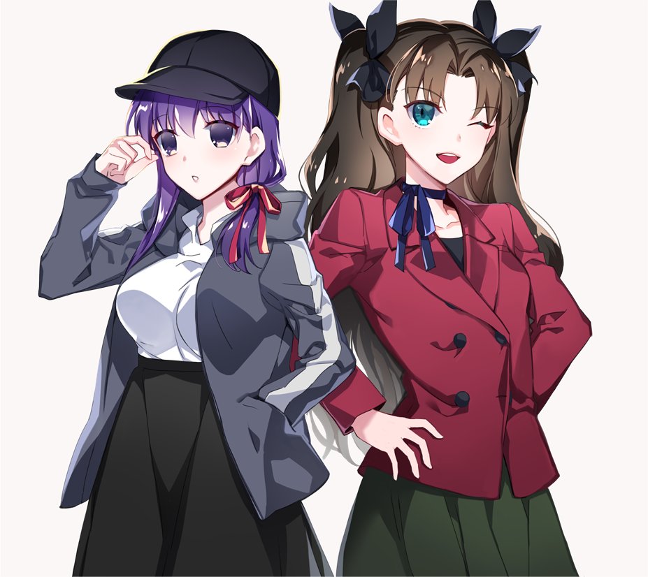 2girls, ;d, black_bow, black_hat, black_skirt, blue_eyes, blue_ribbon, bow, brown_hair, choker, collarbone, cosplay, eyebrows_visible_through_hair, fate/stay_night, fate/zero, fate_(series), grey_jacket, hair_between_eyes, hair_bow, hair_ribbon, hand_in_pocket, hands_on_hips, hat, high-waist_skirt, hood, hood_down, hooded_jacket, jacket, long_hair, looking_at_viewer, matou_kariya, matou_kariya_(cosplay), matou_sakura, multiple_girls, one_eye_closed, open_clothes, open_jacket, open_mouth, parted_lips, pleated_skirt, purple_hair, red_jacket, red_ribbon, ribbon, ribbon_choker, shiny, shiny_hair, shirt, simple_background, skirt, smile, standing, tohsaka_rin, tohsaka_tokiomi, toosaka_tokiomi_(cosplay), twintails, very_long_hair, violet_eyes, white_background, white_shirt, ycco_(estrella)