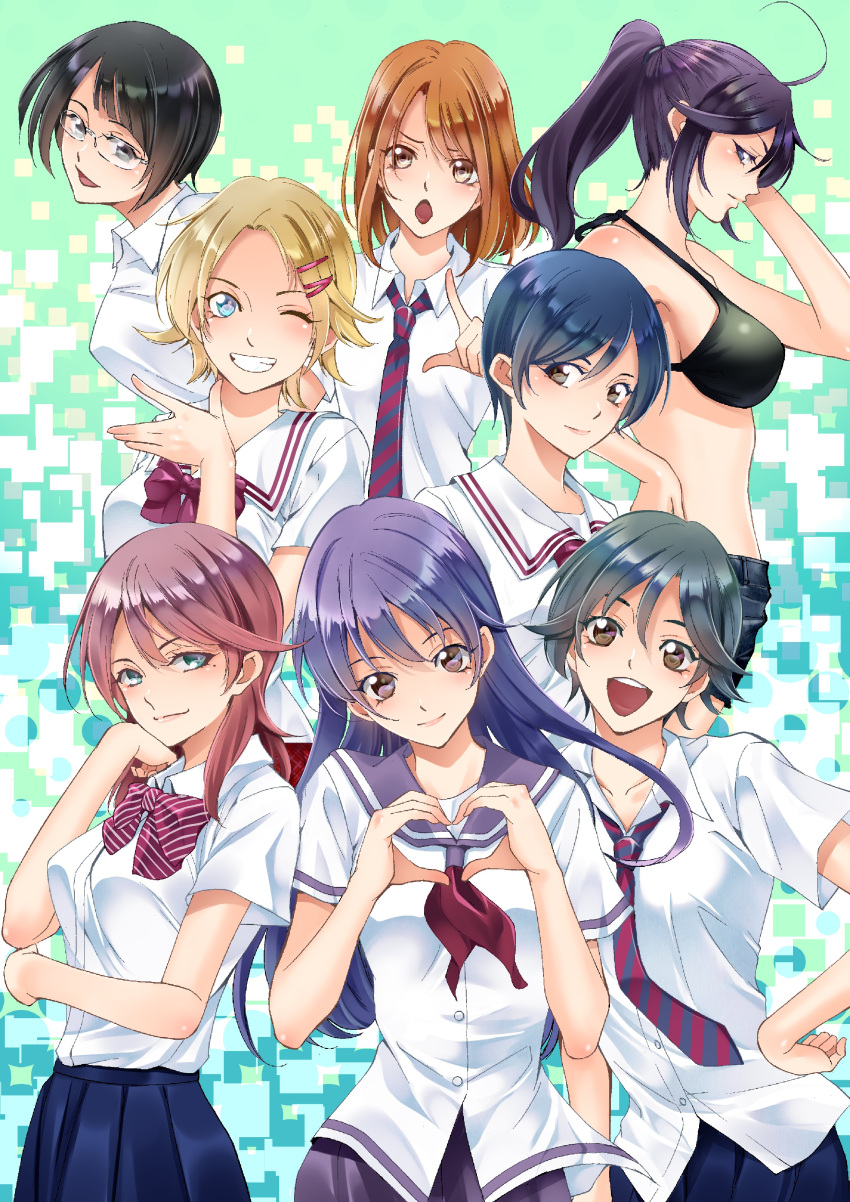 6+girls, absurdres, ahoge, black_bikini_top, black_eyes, black_hair, black_shorts, blonde_hair