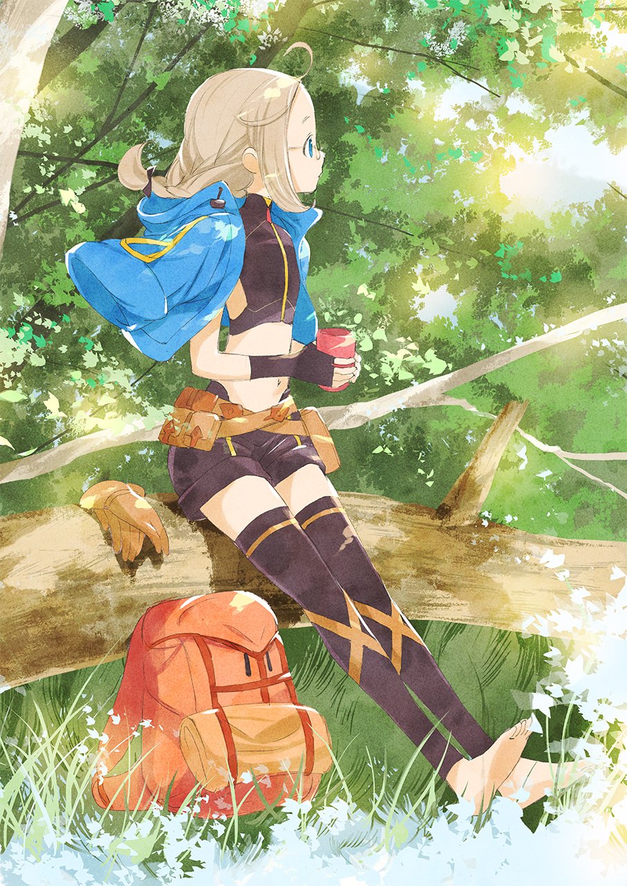 1girl, ahoge, backpack, backpack_removed, bag, barefoot, black_gloves, black_legwear, black_ribbon, black_shorts, black_tank_top, blue_eyes, braid, braided_ponytail, day, fingerless_gloves, forest, glasses, gloves, hair_ribbon, highres, holding, leggings, midriff, nature, navel, original, outdoors, red_backpack, ribbon, ryousuke_nak, short_ponytail, short_shorts, shorts, silver_hair, single_braid, sitting, soles, solo, stomach