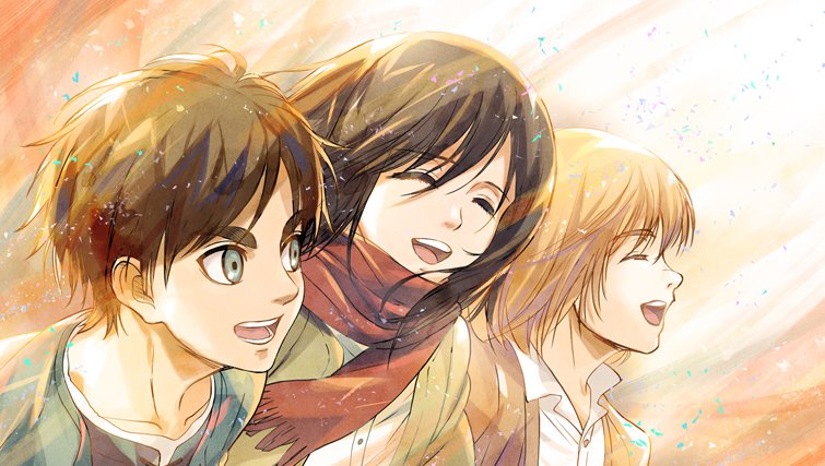 1girl, 2boys, :d, armin_arlert, black_hair, blonde_hair, blue_eyes, brown_hair