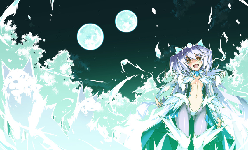 1girl, big_hair, bodysuit, fang, flat_chest, full_moon, fur_trim, highres