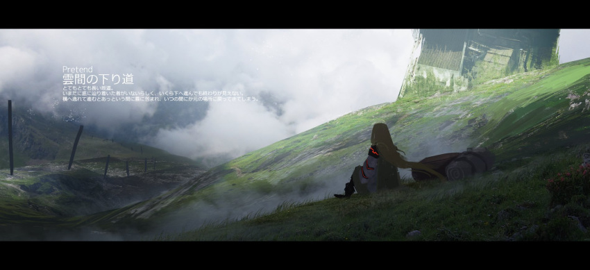 1girl, asuteroid, backpack, bag, blonde_hair, clouds, cloudy_sky, from_behind