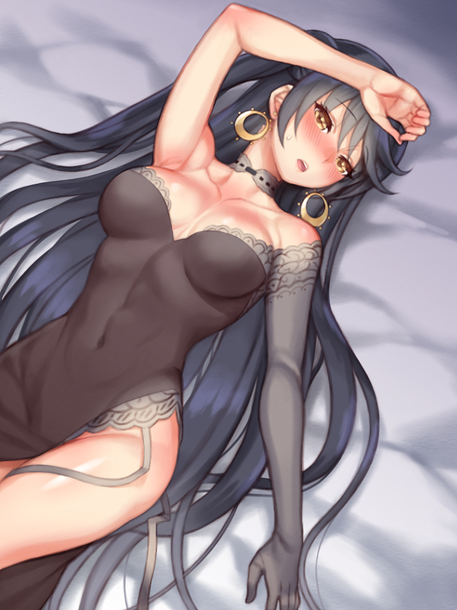 1girl, arm_up, armpits, bangs, bare_shoulders, bed_sheet, black_dress, black_hair